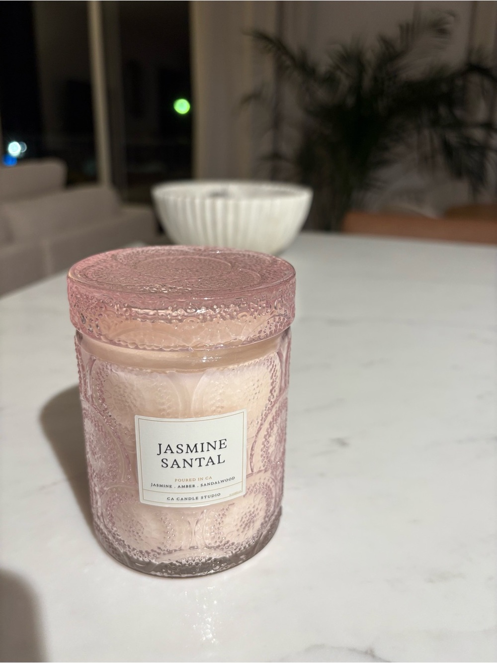 Leoben Company -Jasmine Santal Scented Candle in Pink Textured Glass 9.2 oz - Picture 3 of 5